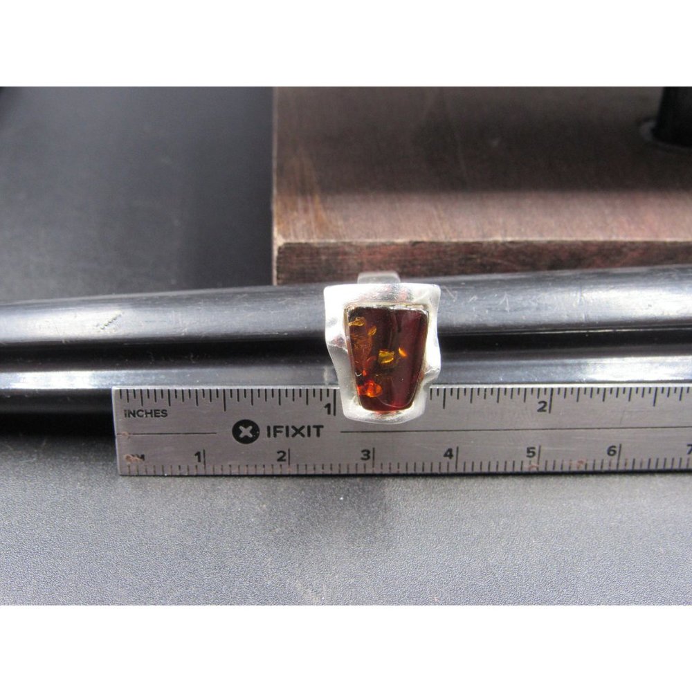 Size 6.5 Sterling Silver Abstract Dark Amber Band Ring Vintage Statement - Picture 8 of 9